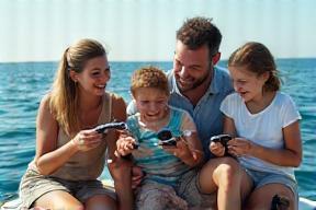 Enthusiastic family sharing fishing tips on a boat