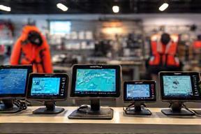 Boat accessories and marine navigation devices on showroom counter