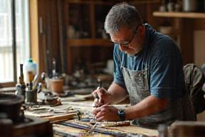 Artisan crafting a custom fishing rod in workshop